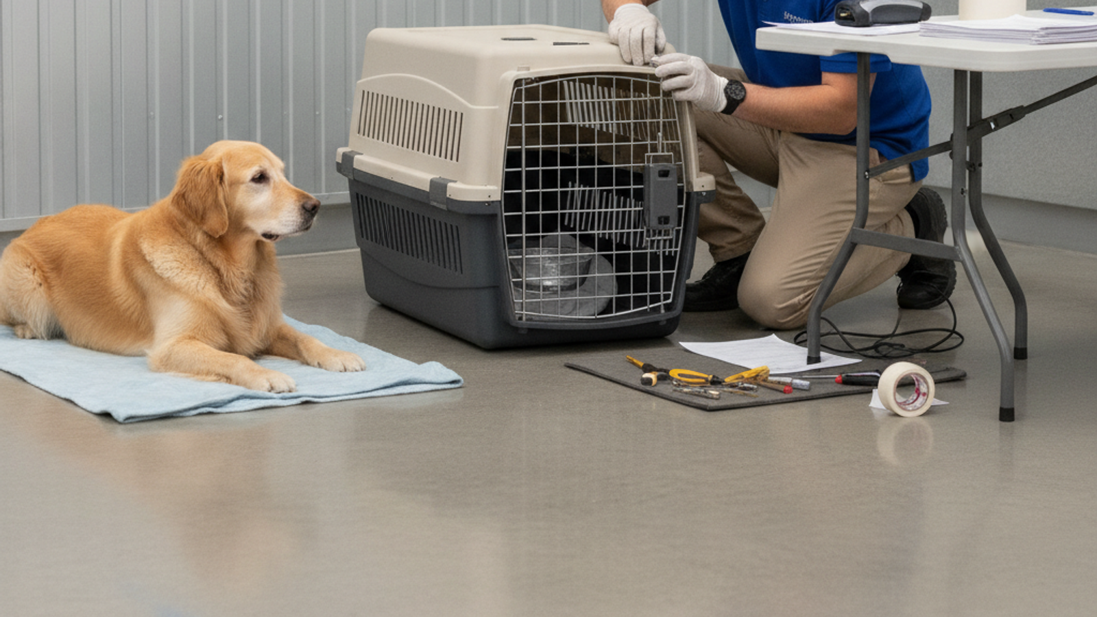pet relocation handler preparing an airline approved crate in Dubai