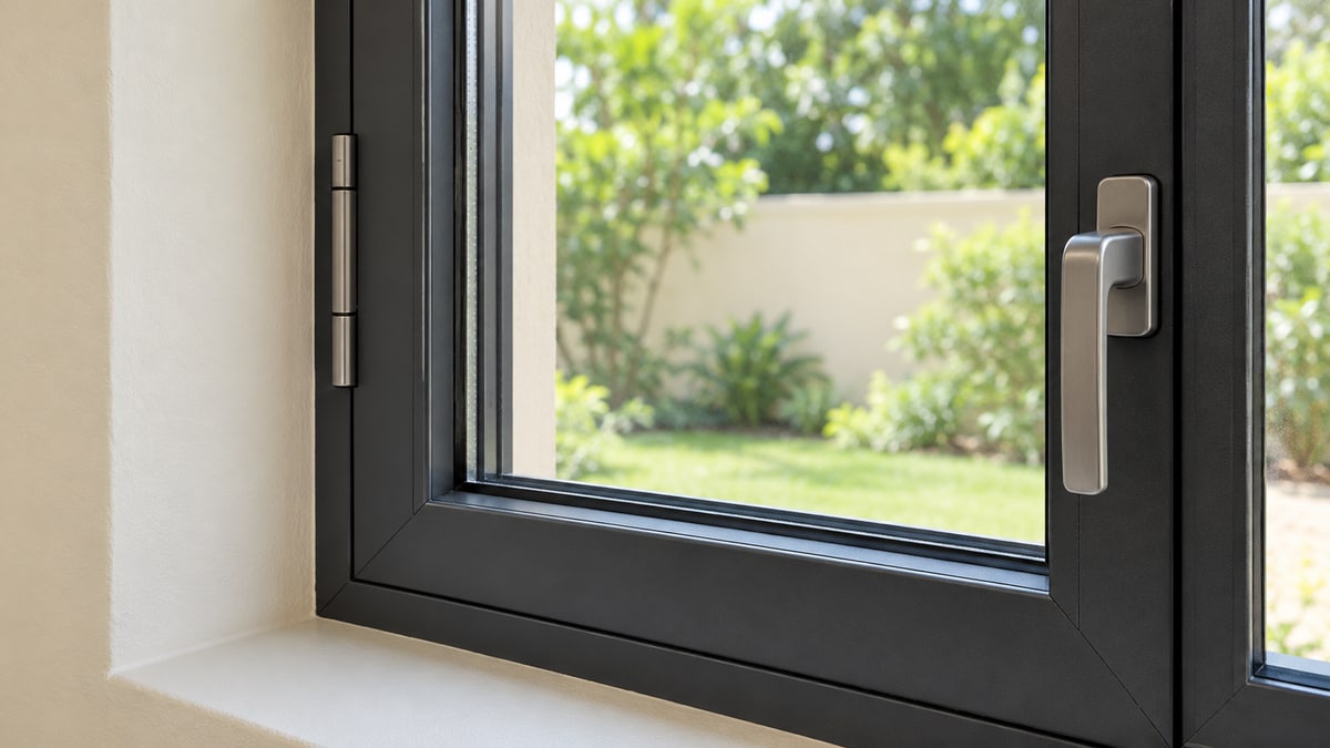 Close view of a casement window handle, frame corner and glazing seals