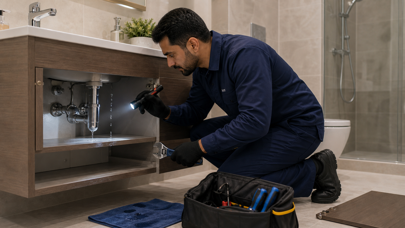 Plumber checking bathroom drain pipework during a Dubai drain cleaning visit