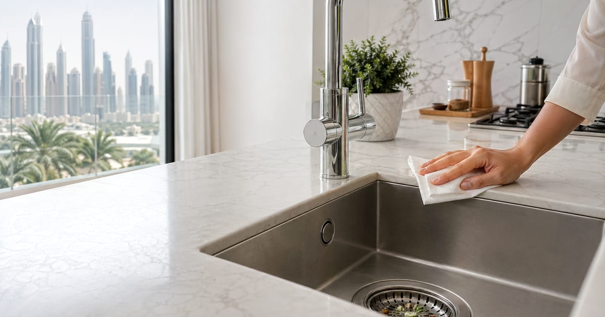 plumber clearing a kitchen drain blockage in a Dubai apartment