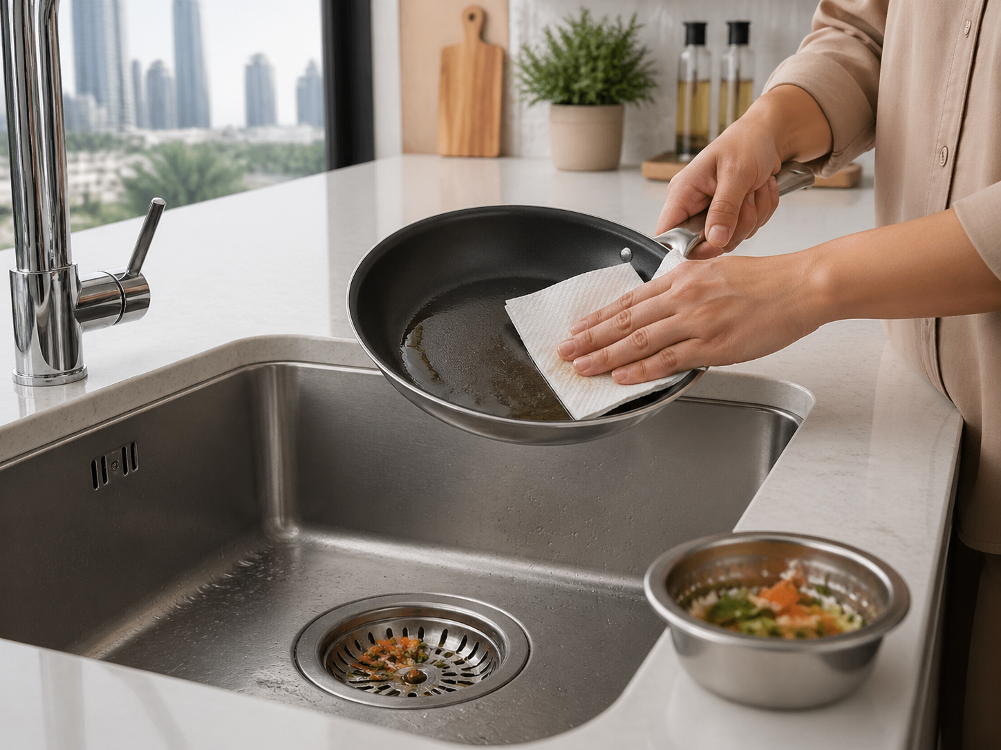Kitchen drain clog prevention Dubai 2026 - sink strainer grease food waste hot water habits