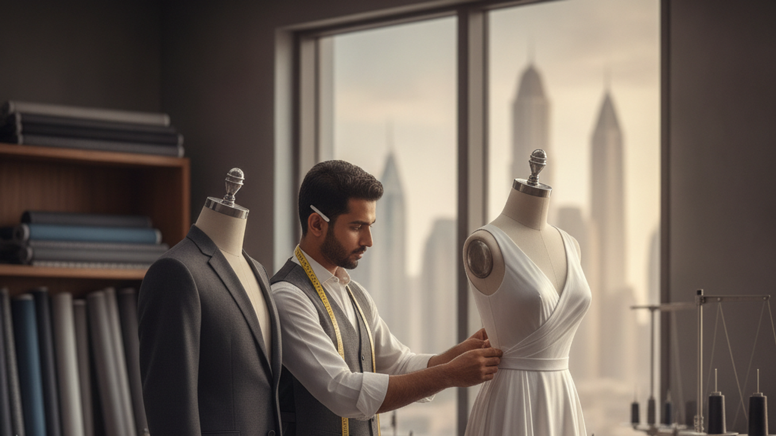 tailor adjusting a suit jacket and dress fabric in Dubai