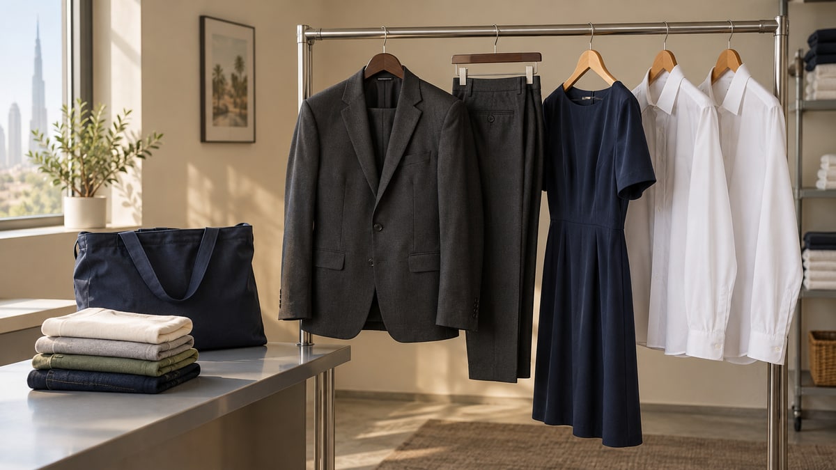 Suit jacket, trousers, dress and shirts hanging separately beside folded laundry and a collection bag