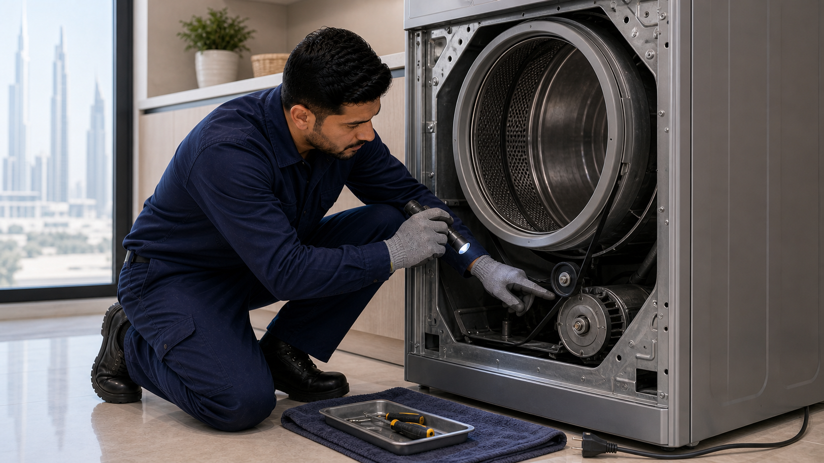 Technician checking dryer drum belt and pulley during repair in Dubai