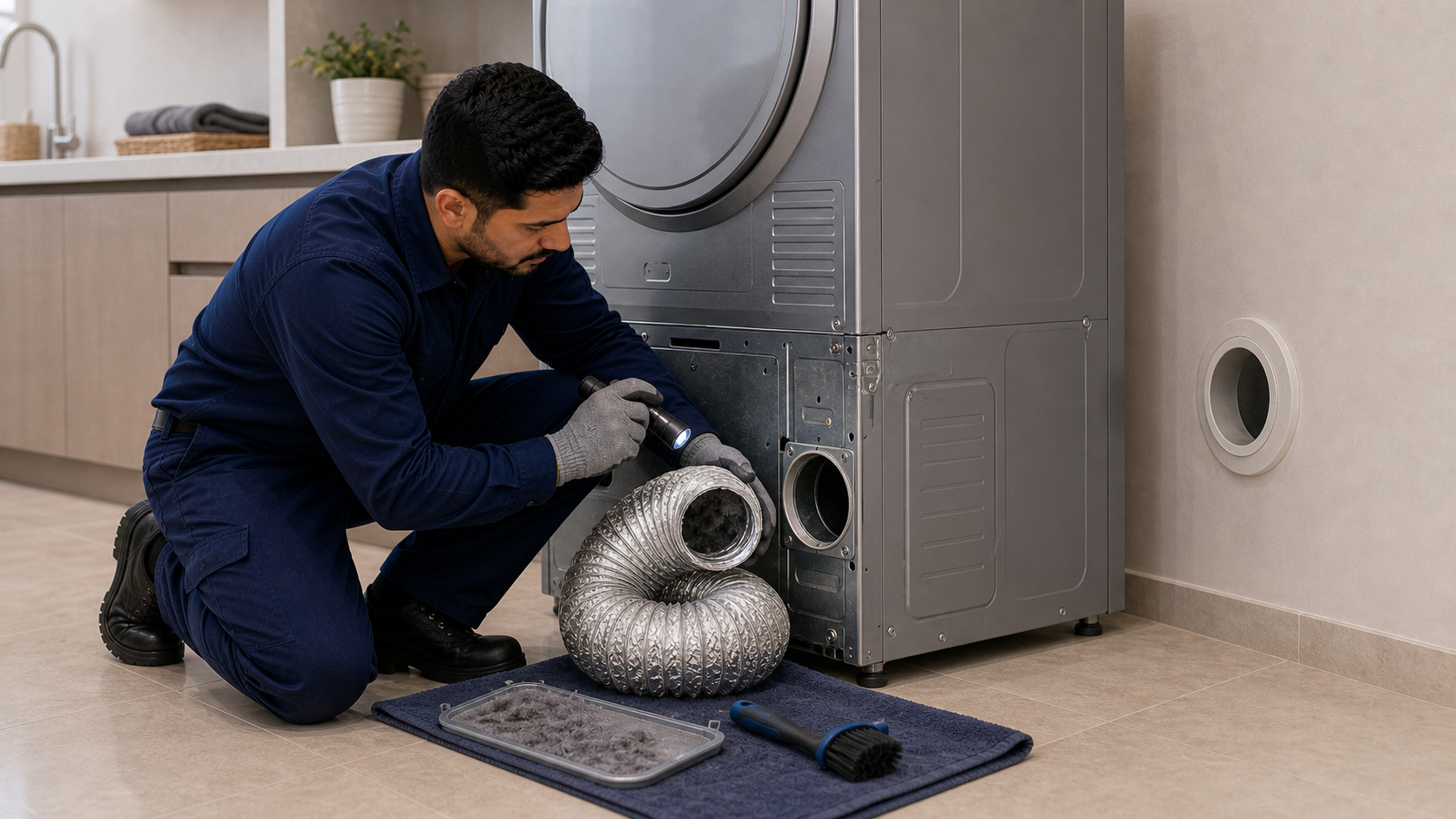Technician checking dryer vent hose and lint filter airflow in Dubai