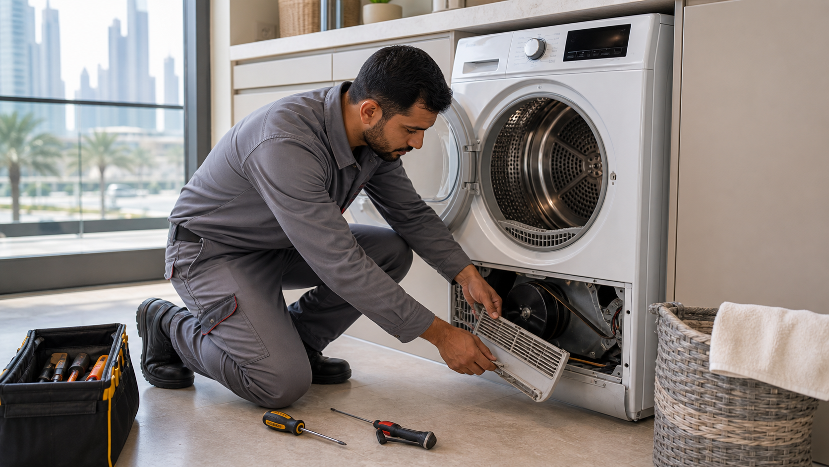 appliance technician repairing a tumble dryer in a Dubai laundry area