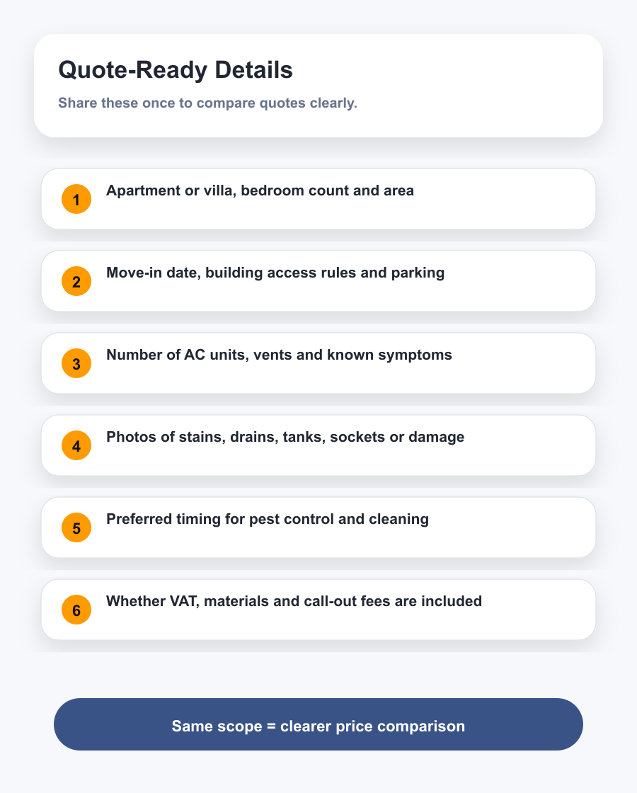 Dubai move-in service quote checklist - property size AC units photos access VAT call-out fees