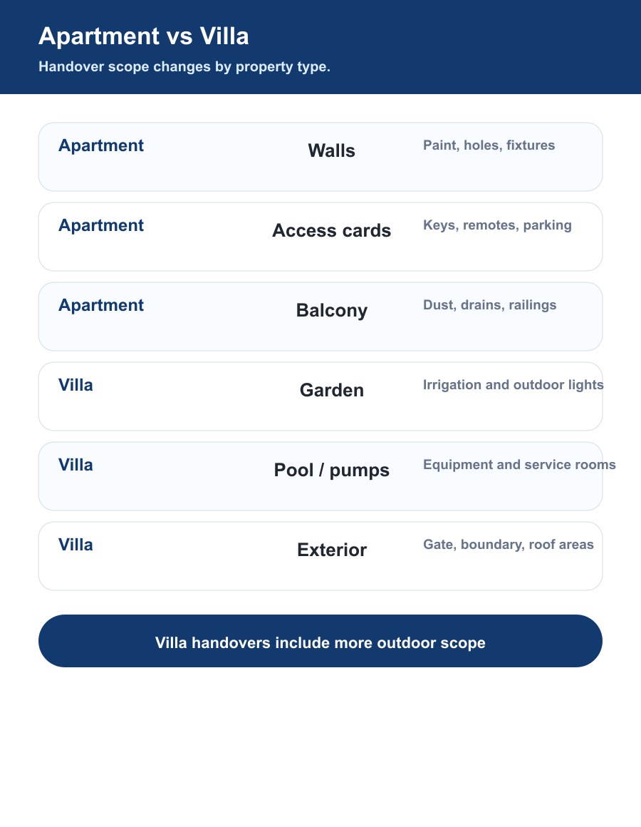 Dubai apartment versus villa tenant handover checklist for walls cleaning access cards gardens pools pumps and outdoor areas