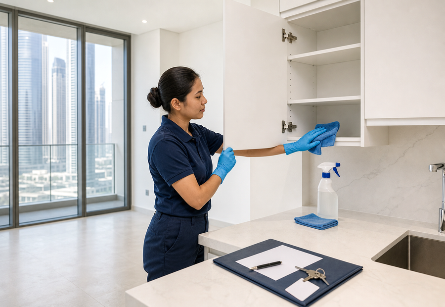Downtown Dubai white apartment move-out cleaning with checklist keys and clean kitchen cabinets