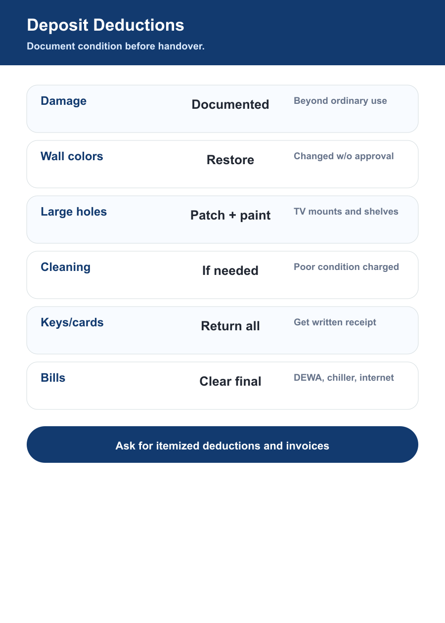 Dubai tenant move-out deposit deductions guide for cleaning painting wall damage keys bills and normal wear and tear