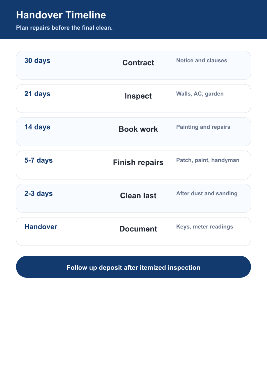 Dubai move-out handover timeline for contract review inspection painting repairs cleaning DEWA Ejari and deposit follow up