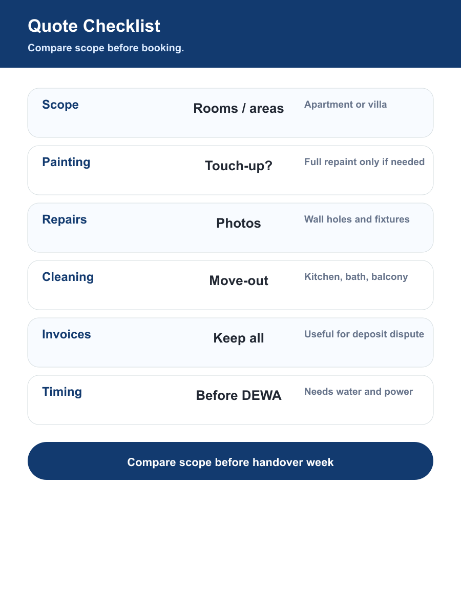 Dubai move-out handover quote checklist for cleaning painting handyman repairs photos invoices warranty and timing