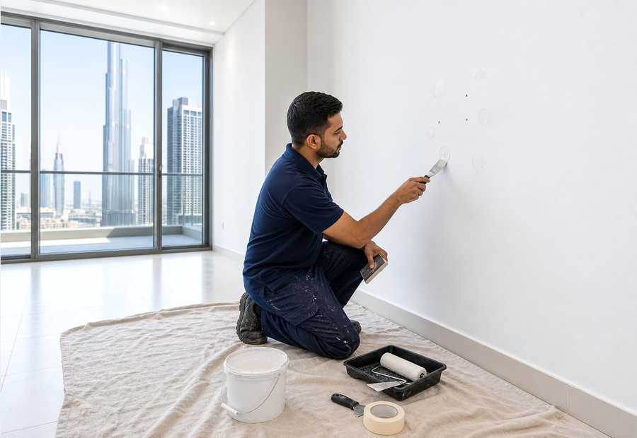 Downtown Dubai white apartment move-out wall holes being patched before tenant handover