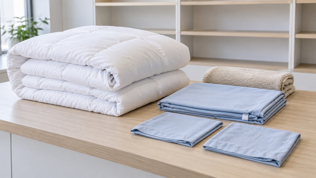 A filled white duvet, thin blue cover, pillowcases and woven blanket separated on a laundry counter