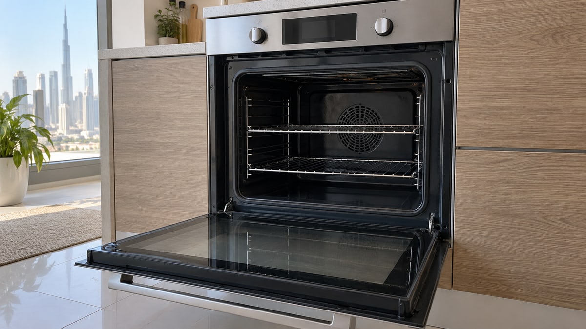 Cool electric oven with its door open and empty racks visible
