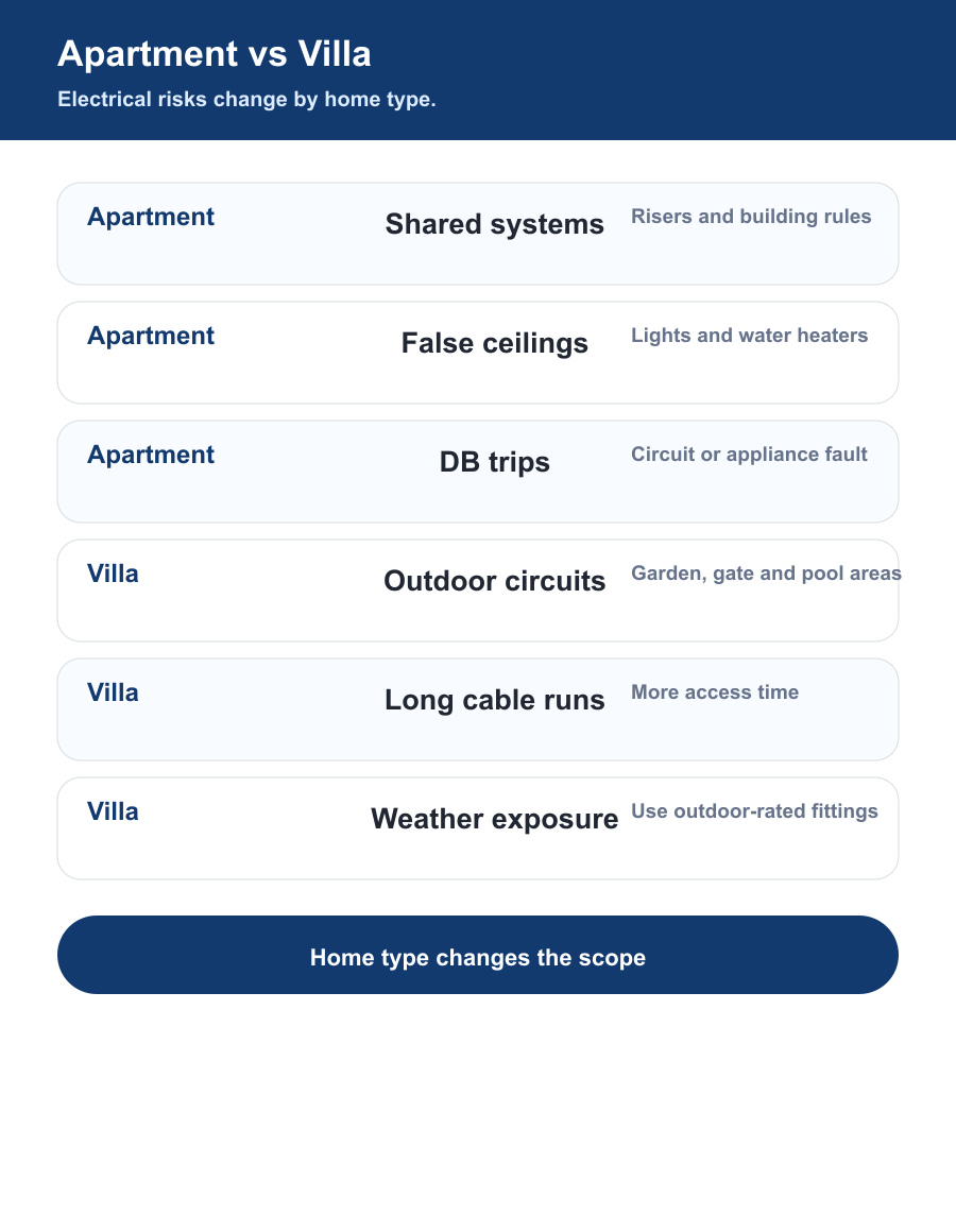 Dubai apartment versus villa electrical issues including sockets lights DB trips outdoor lighting gate motors pumps and garden circuits