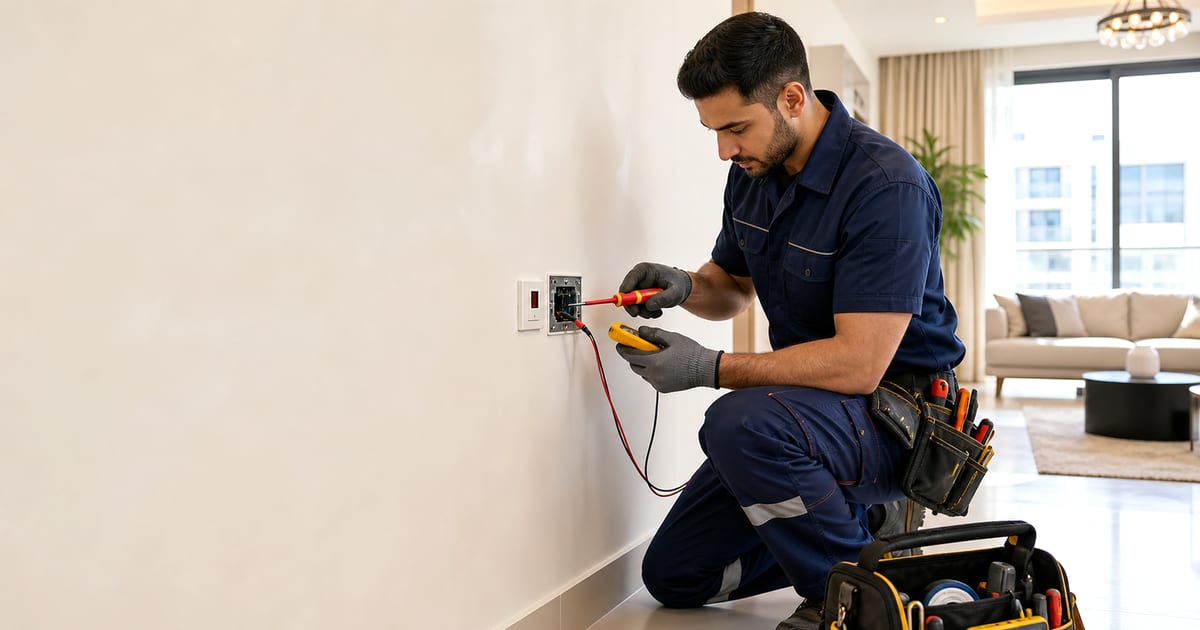 male electrician testing a socket safely in a Dubai apartment