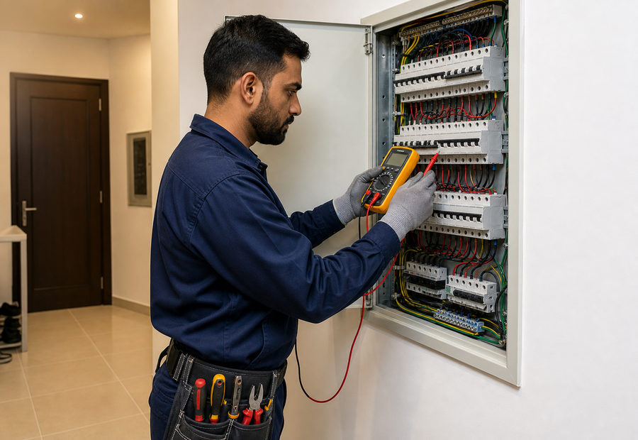 Dubai electrician inspecting a residential DB board with a multimeter