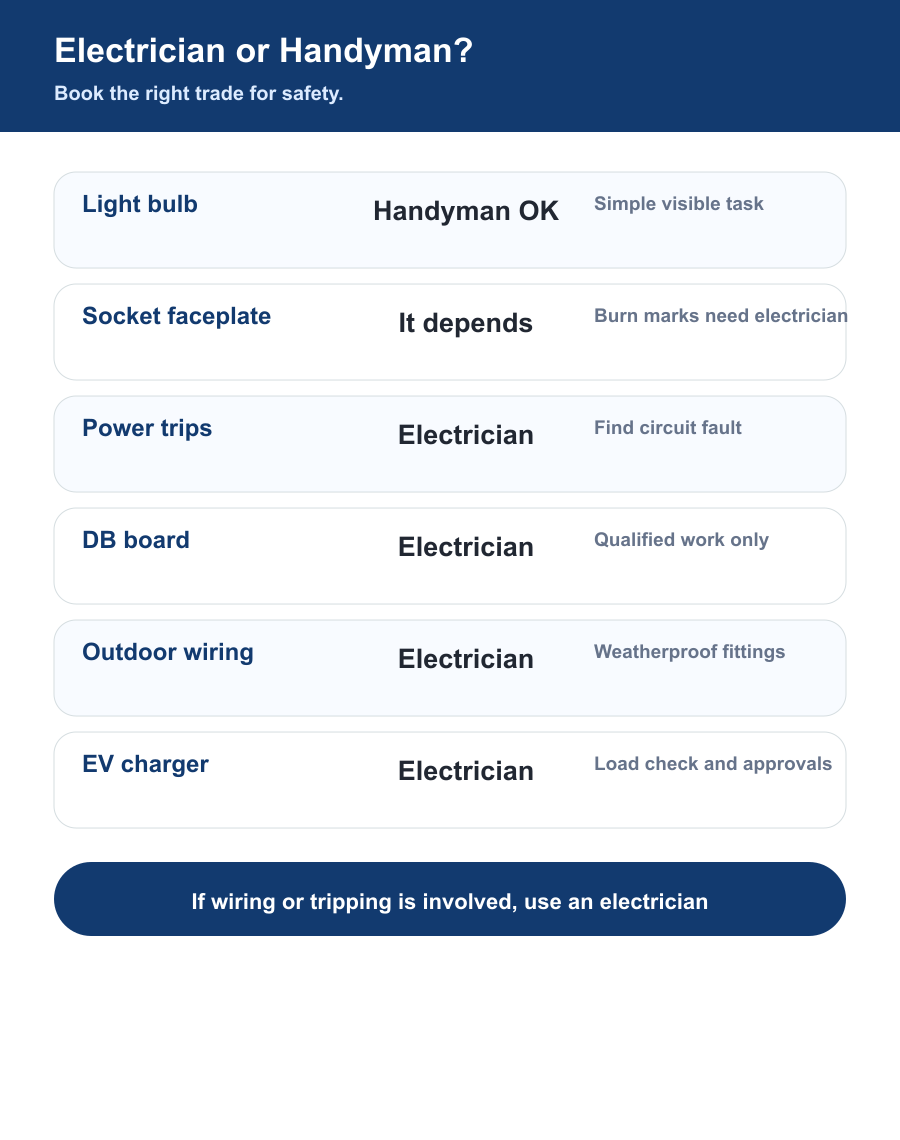 Electrician versus handyman Dubai comparison for light bulbs sockets power trips DB board rewiring EV chargers and outdoor circuits