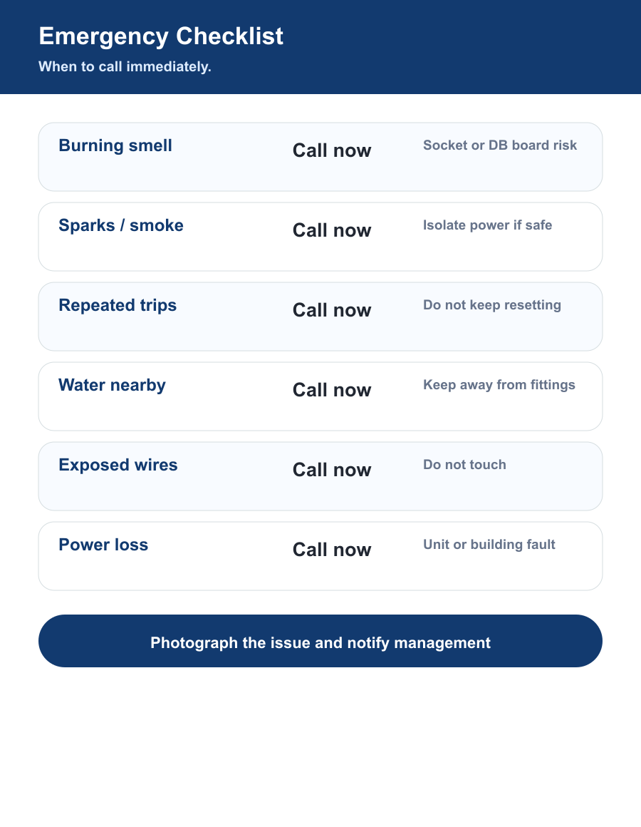 Emergency electrician Dubai checklist for burning smell sparks repeated trips water near sockets exposed wires and power loss
