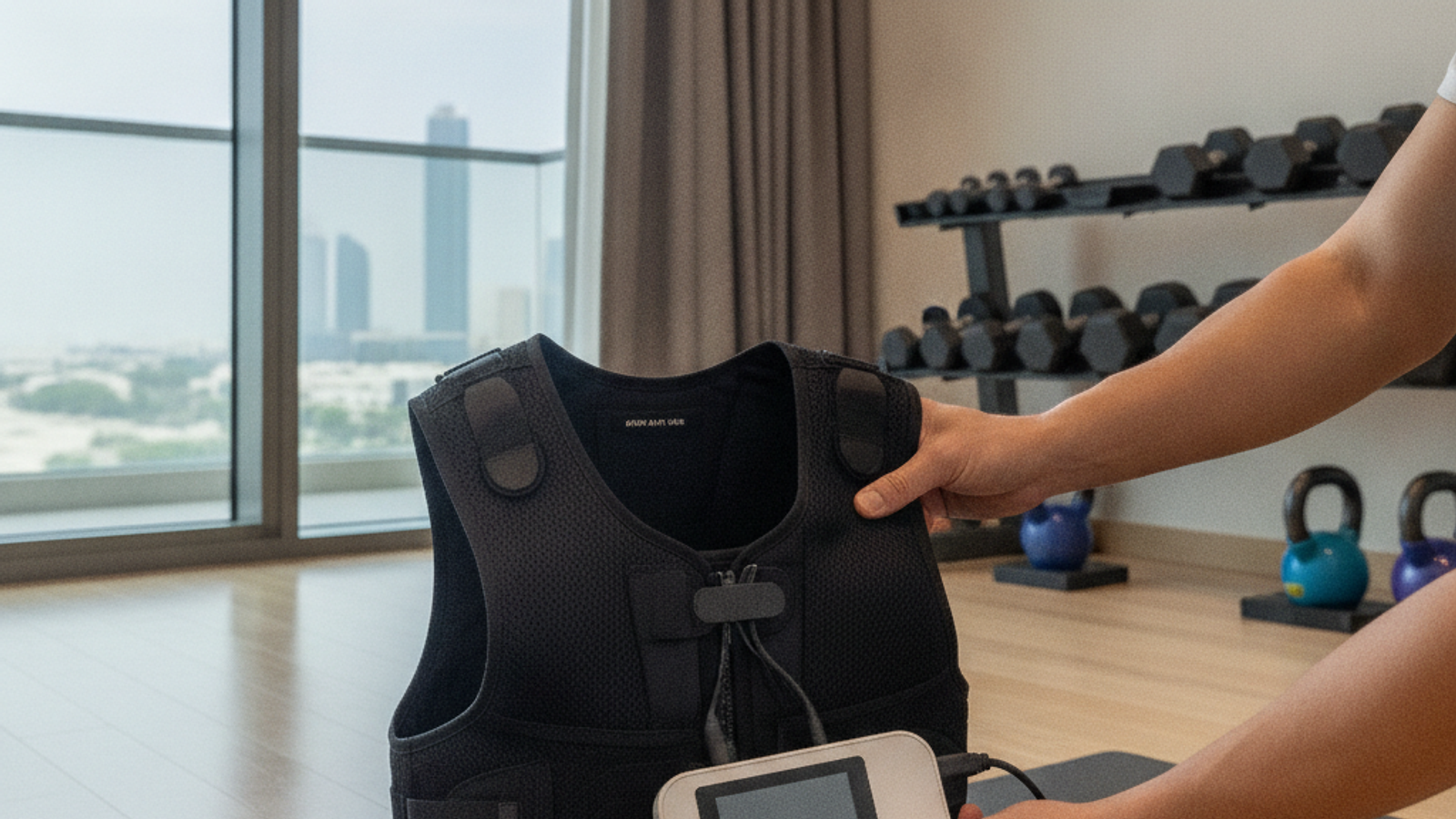 EMS fitness trainer preparing equipment for Dubai home session