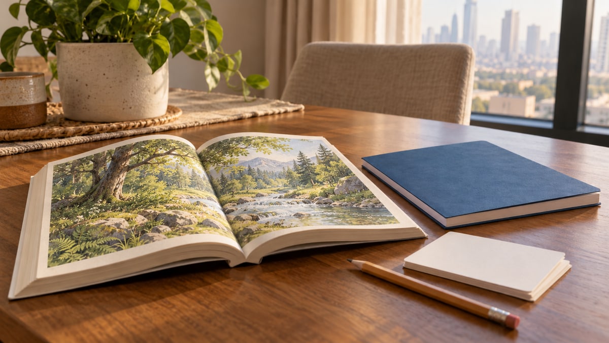 Wordless illustrated book and blank discussion cards on a home study table