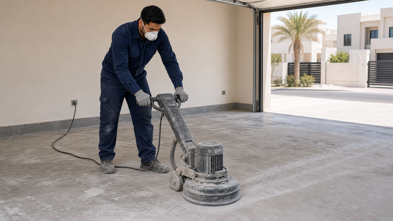 male installer applying epoxy floor coating with roller in a Dubai villa garage