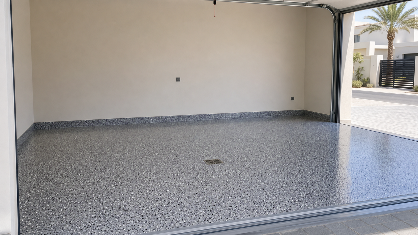 finished decorative epoxy garage floor in a Dubai villa with clean edges