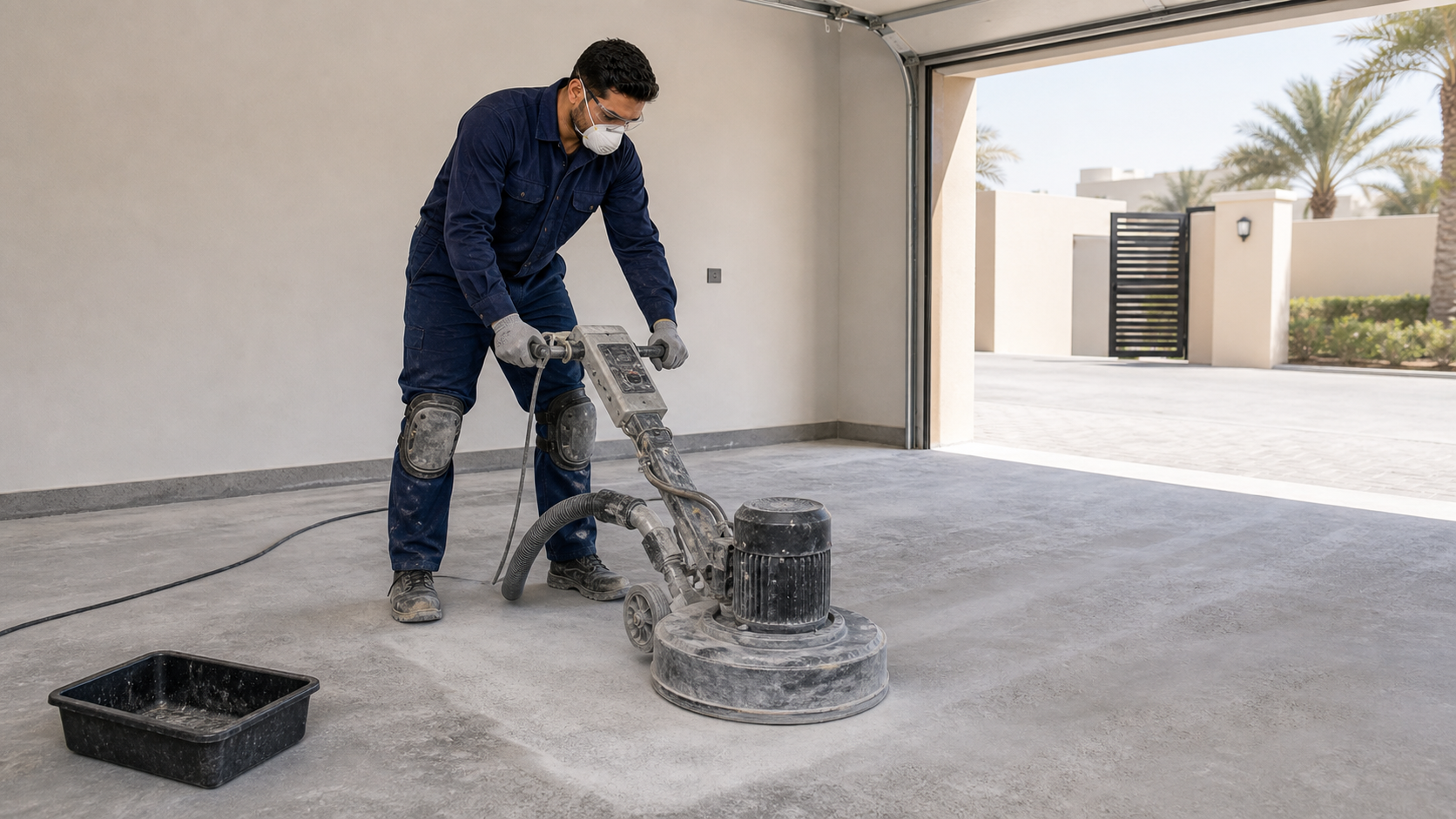 male epoxy flooring worker grinding a Dubai villa garage concrete floor