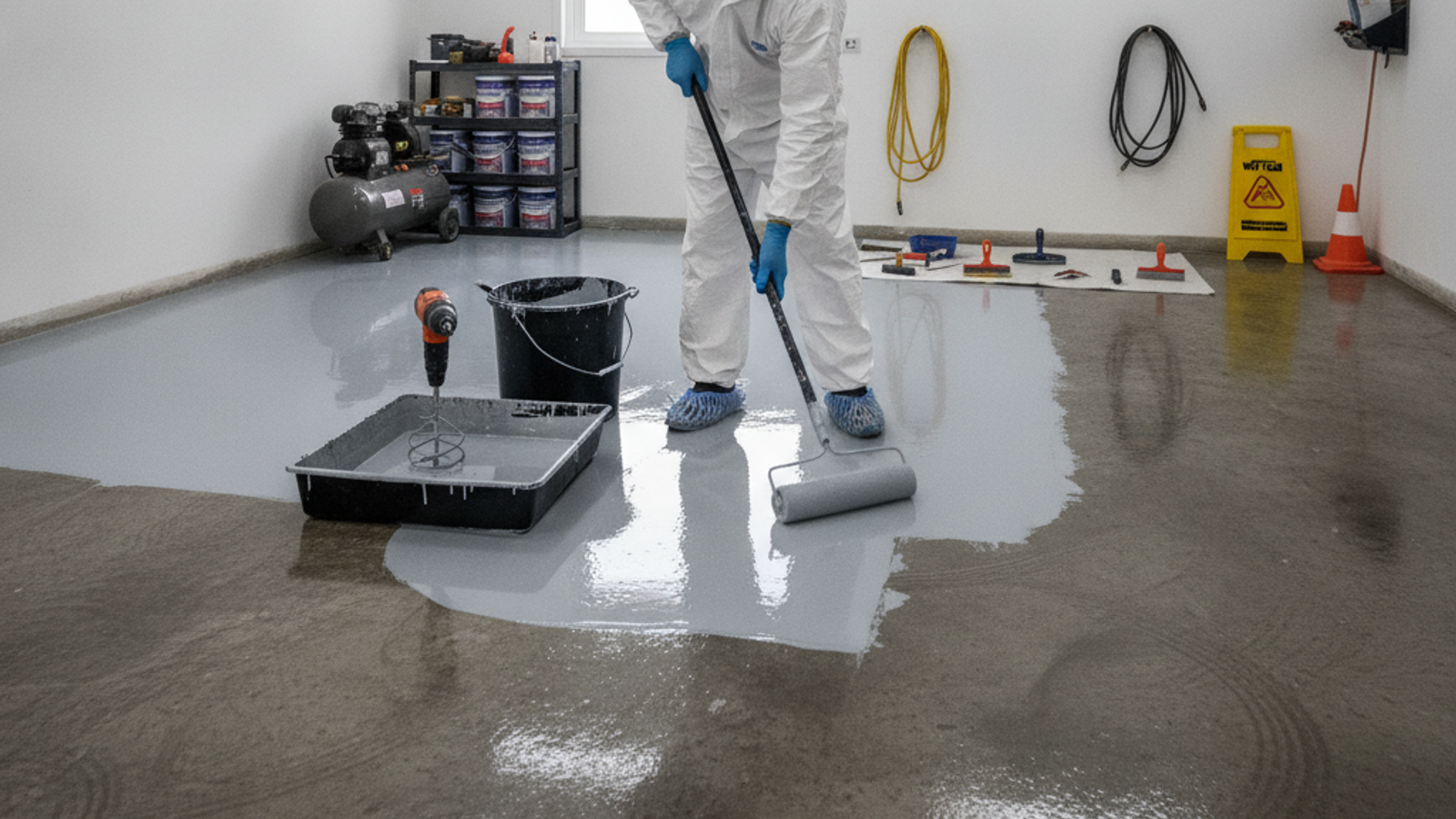 technician applying epoxy floor coating in a Dubai garage