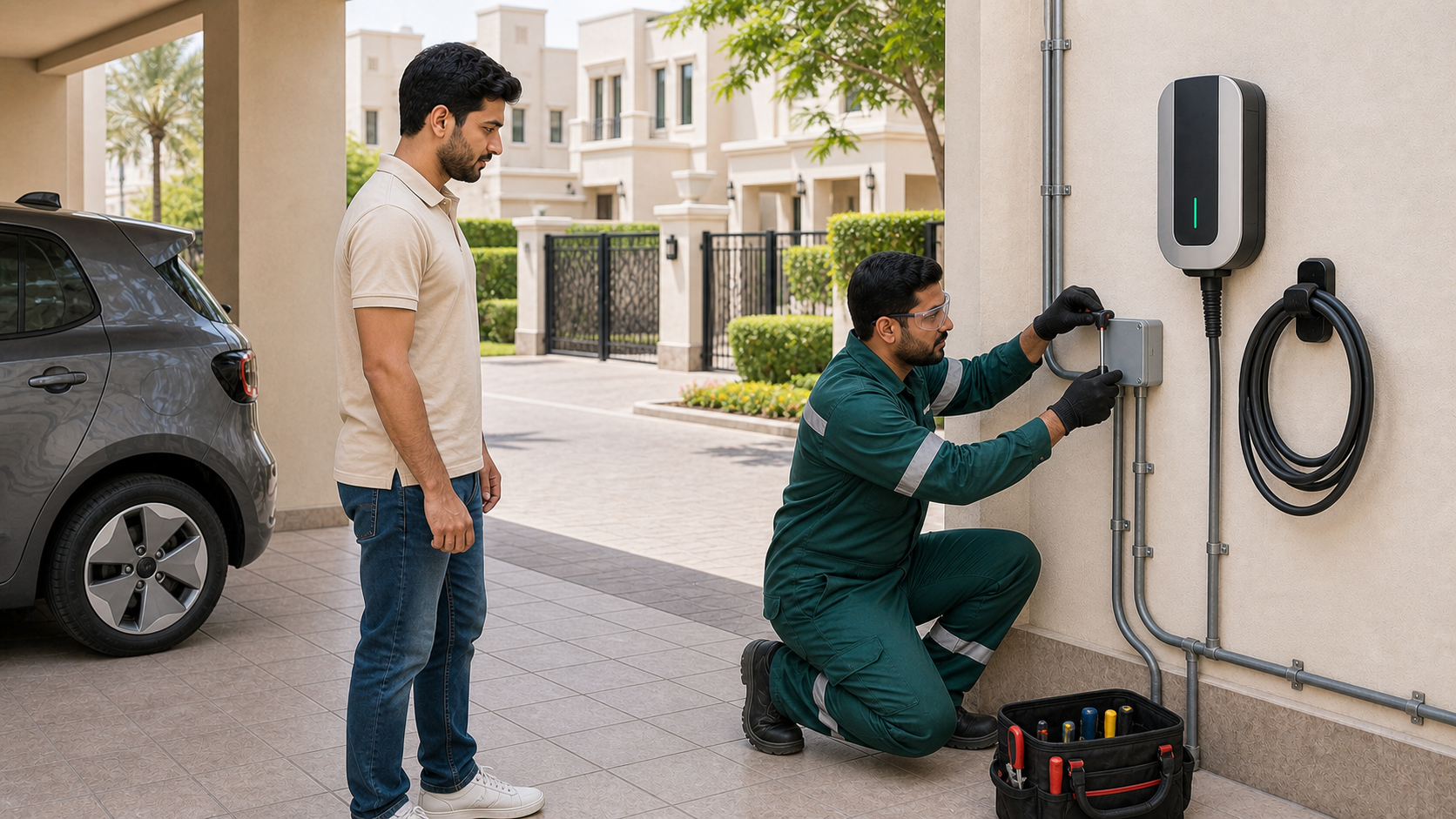 Male EV charger technician installing a charger in a Dubai gated community townhouse parking area