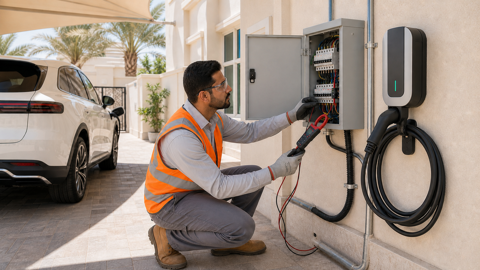 electrician checking a Dubai villa distribution board before EV charger installation
