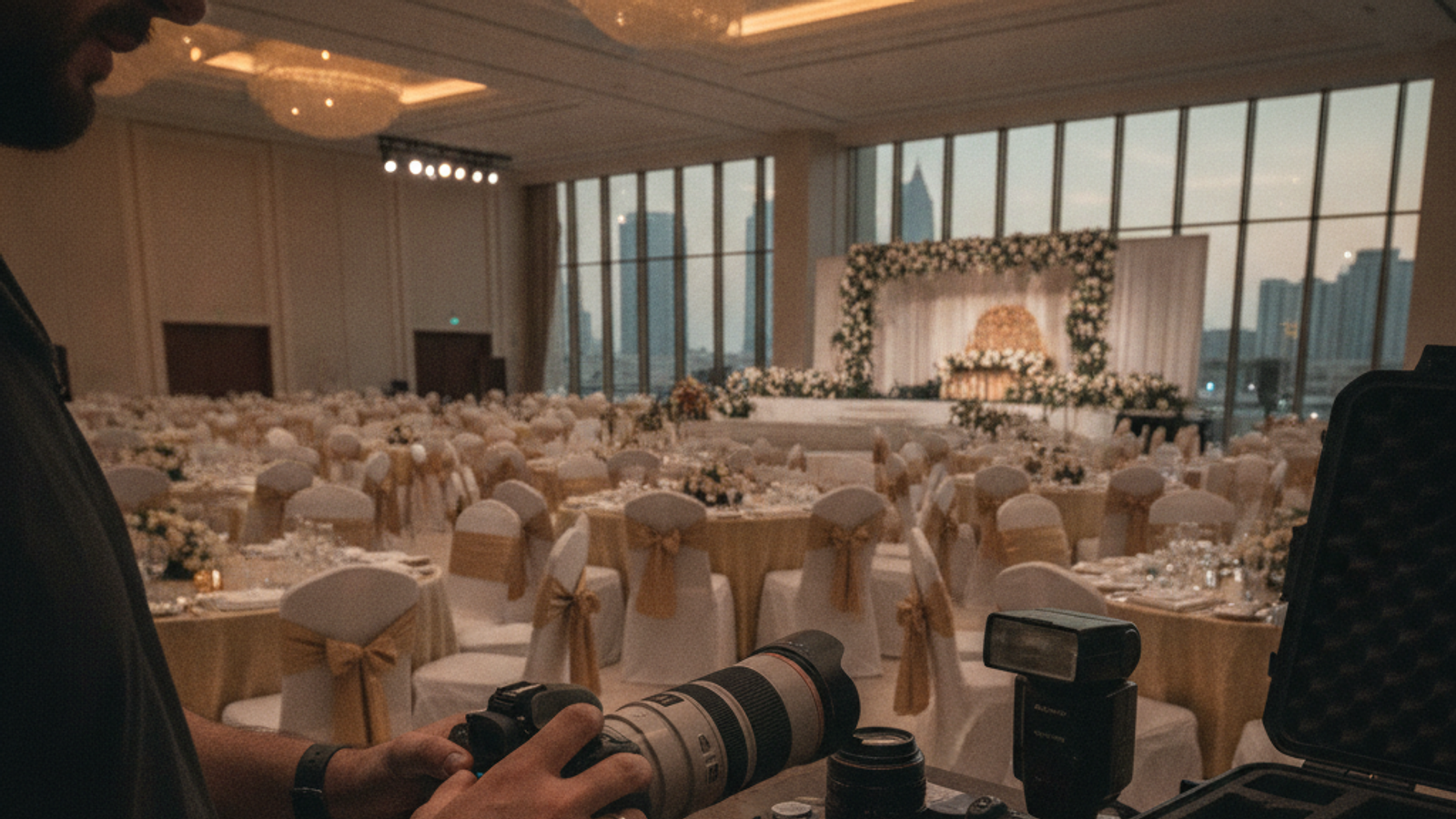event photographer preparing camera gear at Dubai venue