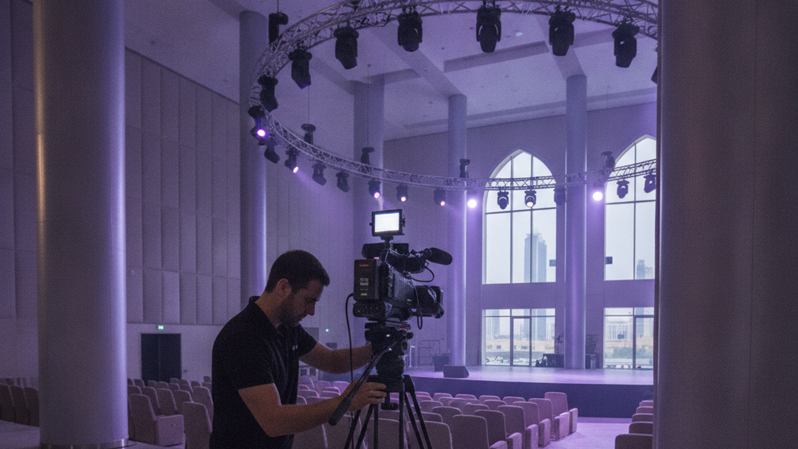 videographer setting camera before Dubai event