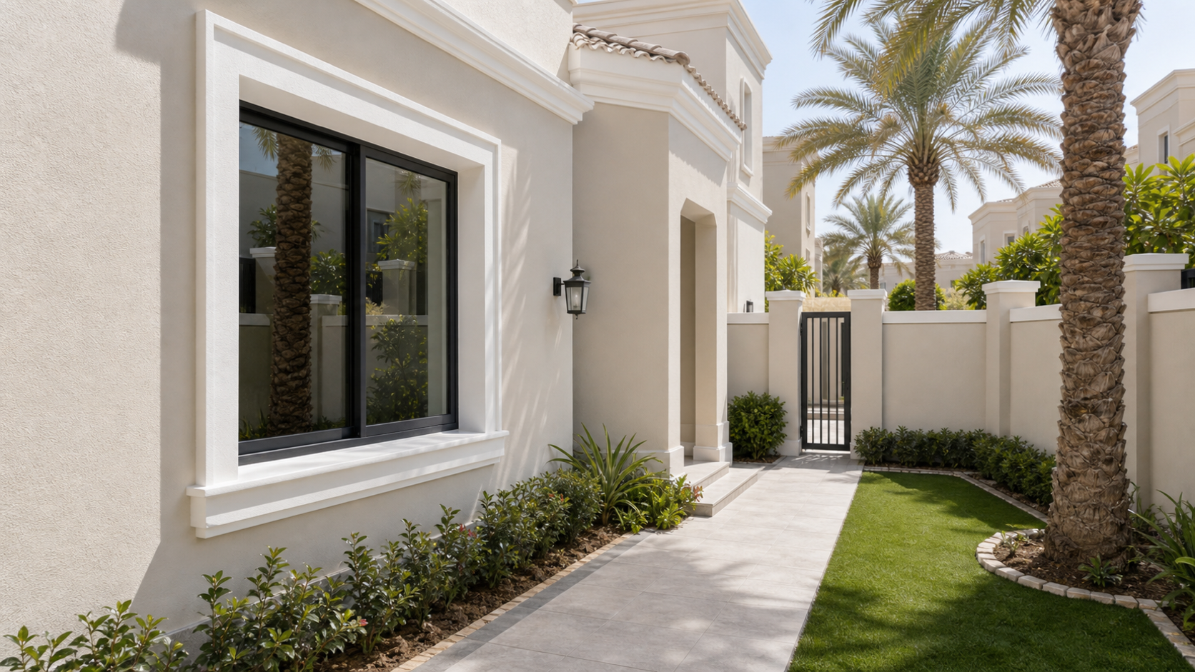 freshly painted Dubai villa exterior wall with protected paving and clean edges