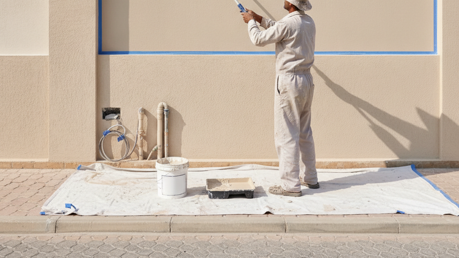 painter applying exterior paint on a Dubai villa facade