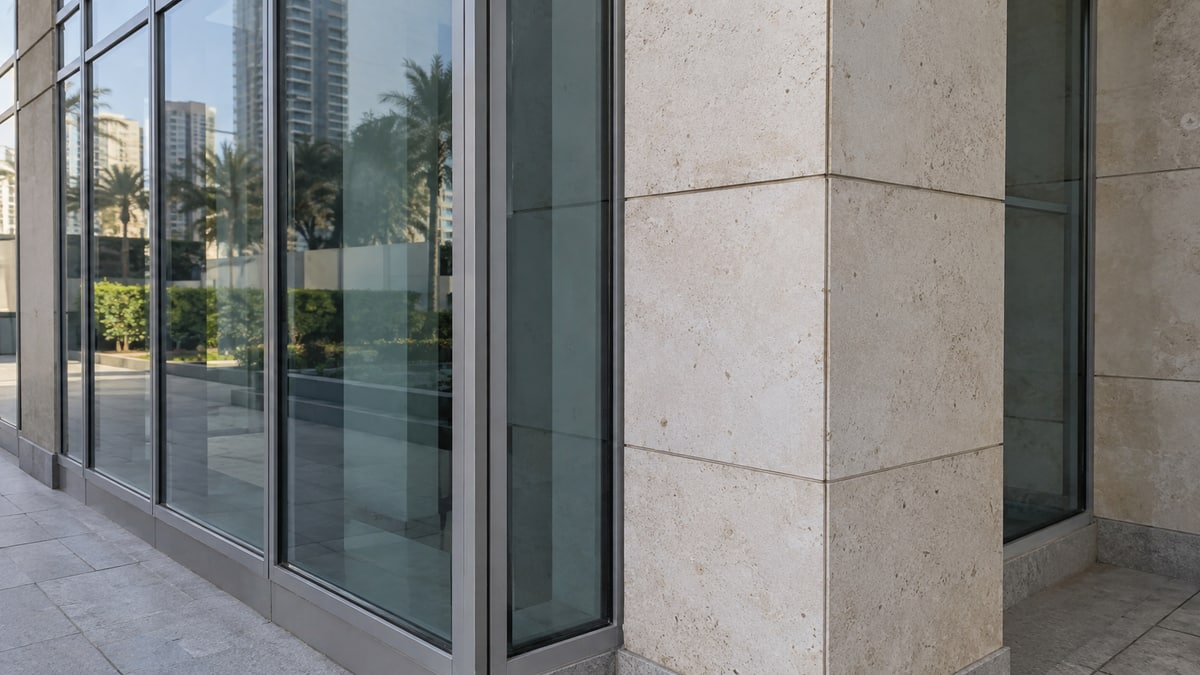 Exterior glass panels and aluminium frames meeting stone cladding at a recessed building corner