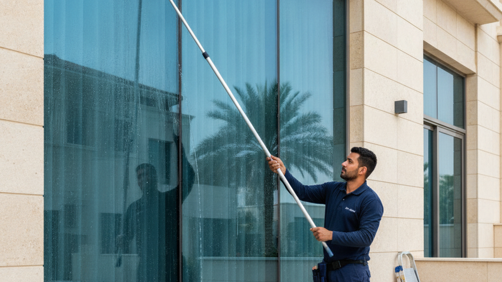 technician cleaning exterior villa glass facade in Dubai with a long pole