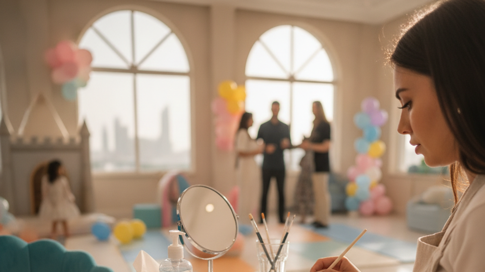 face painter preparing brushes and paints for a Dubai kids party
