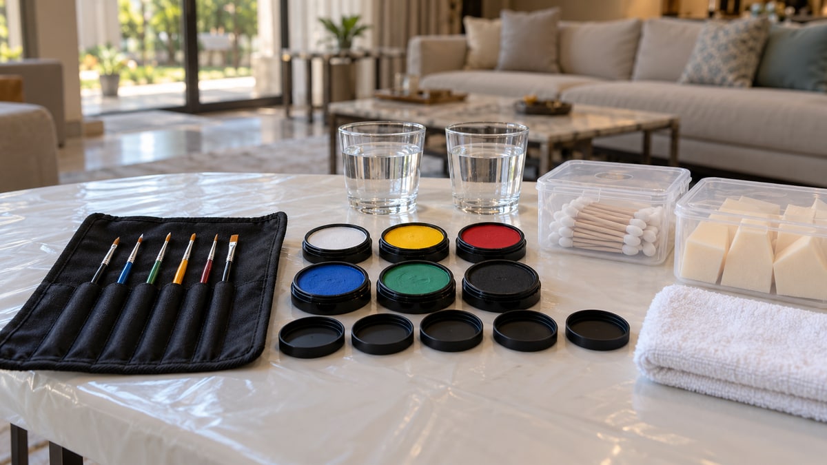 Face-paint cakes, separated brushes, clean sponges and fresh water prepared on a washable table.