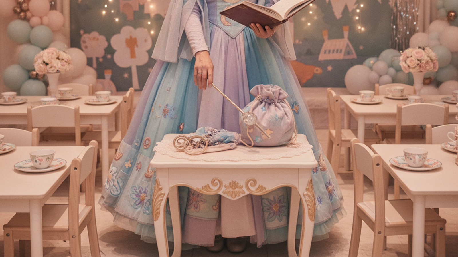 fairytale party performer preparing a generic costume and props in Dubai