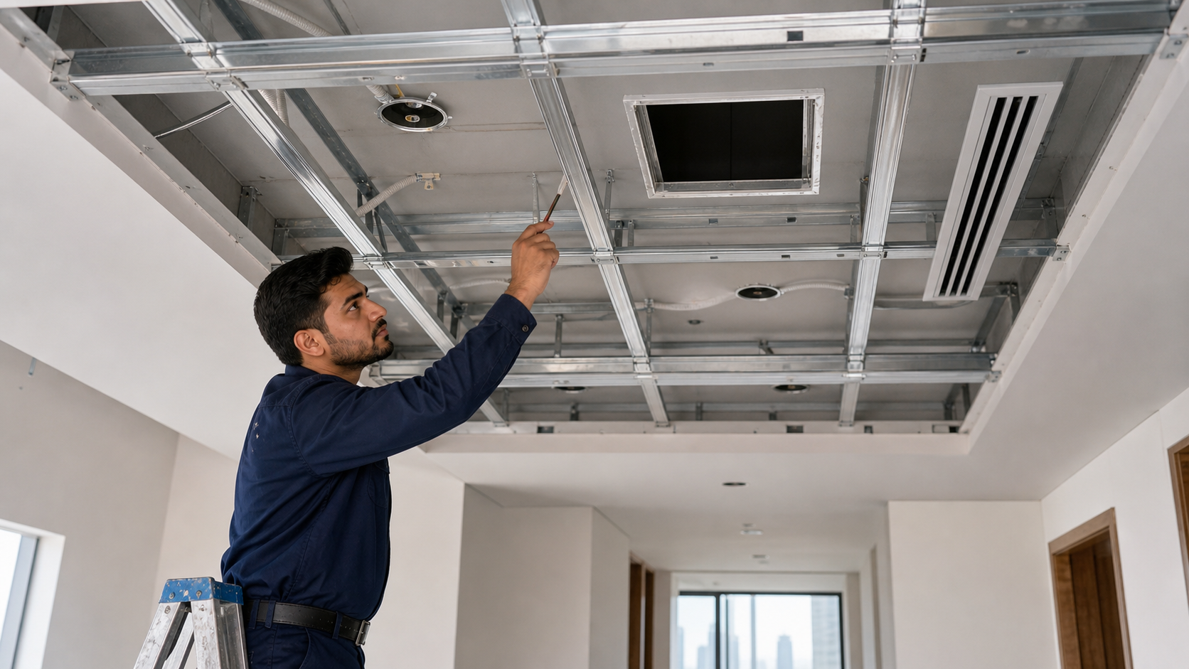 male gypsum technician checking false ceiling metal frame and access panel opening in Dubai
