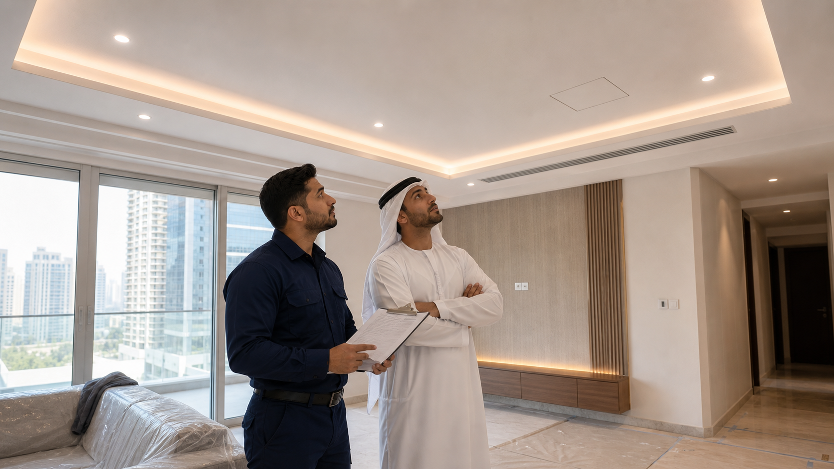 finished Dubai apartment false ceiling with cove lighting and flush access panel