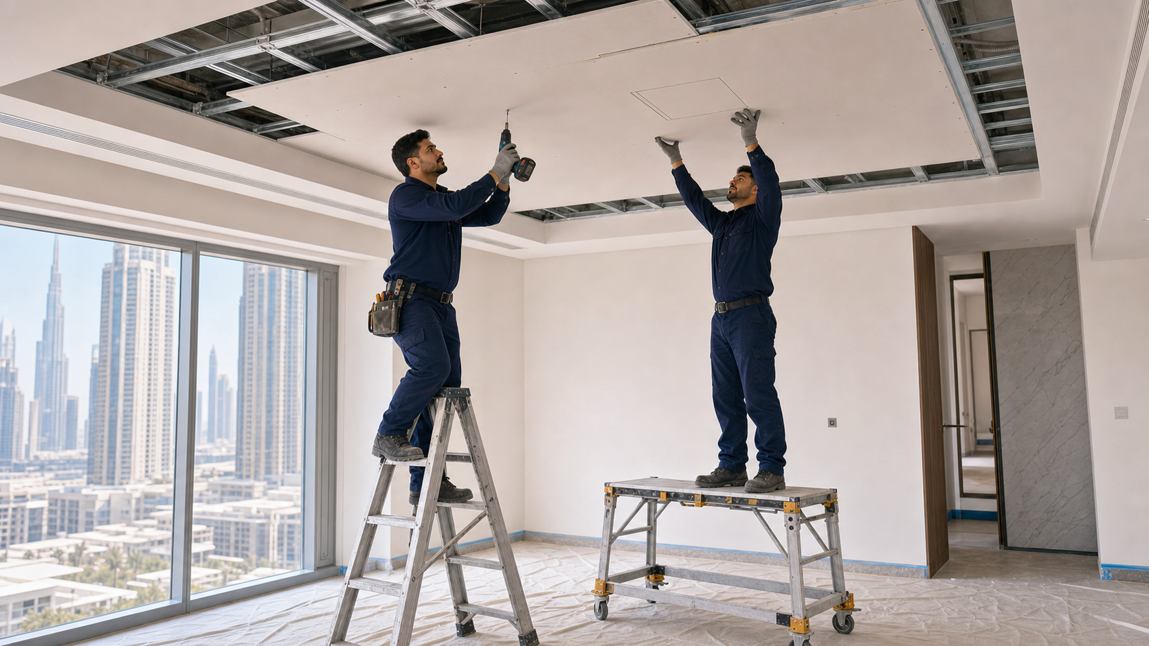 two male technicians installing a gypsum false ceiling panel in a Dubai apartment