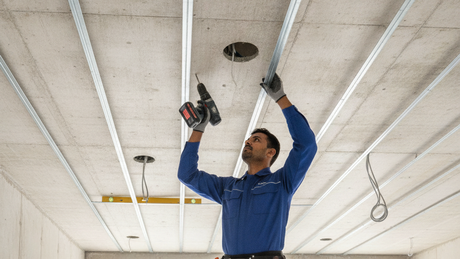 technician installing a gypsum false ceiling frame in a Dubai apartment