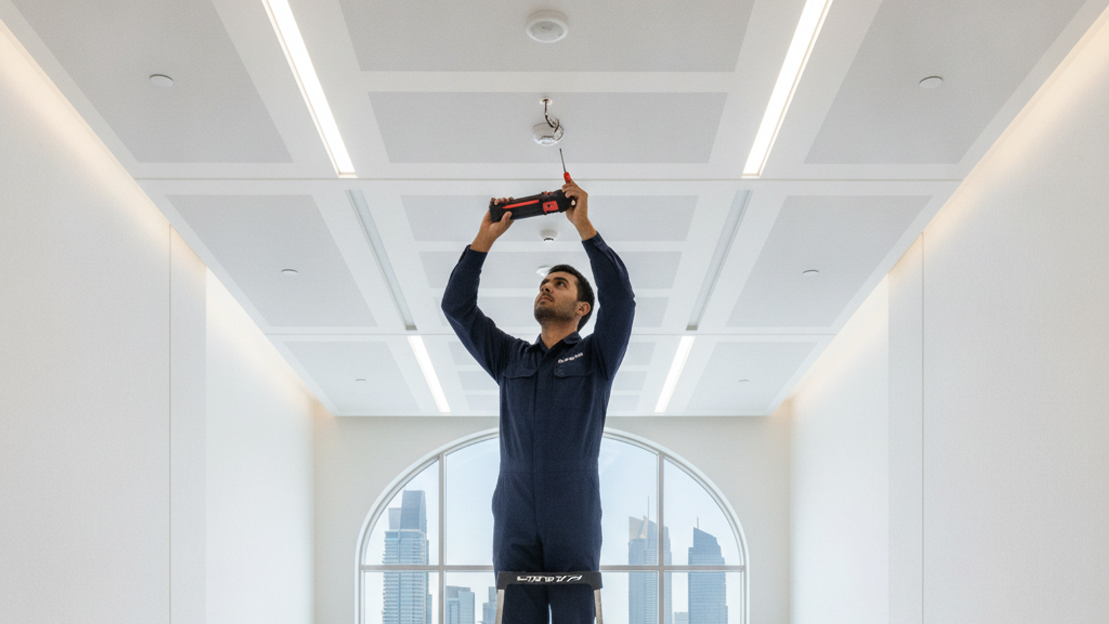 technician installing a fire alarm detector in a Dubai office corridor