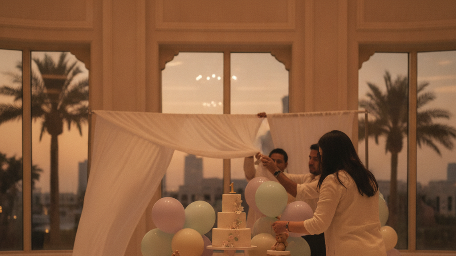 decorator setting up a first birthday party table in Dubai