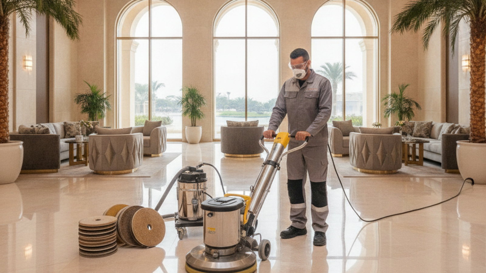 technician using a floor polishing machine in a Dubai apartment