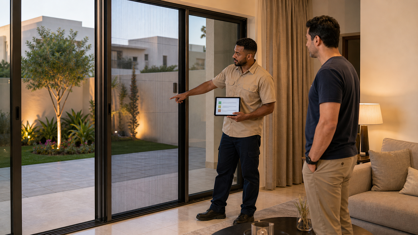 Male technician explaining a retractable fly screen on a Dubai townhouse patio door