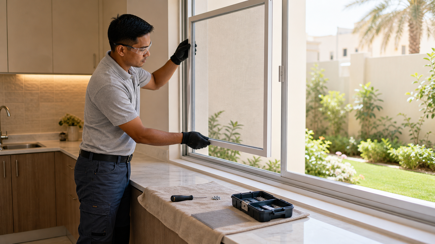 Male technician fitting a fly screen frame on a Dubai villa kitchen window